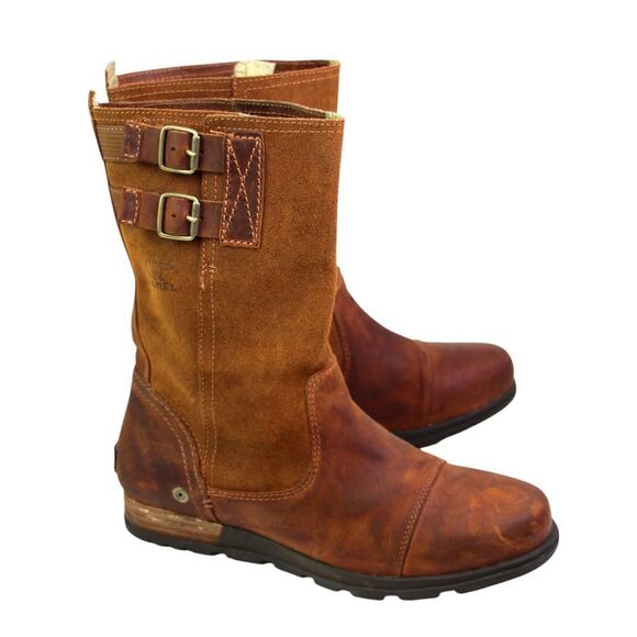 Sorel BROWN GENUINE LEATHER LOW HEEL ROUND TOE FLAT BUCKLE BELTED BOOTS Sz 8 - Picture 8 of 14